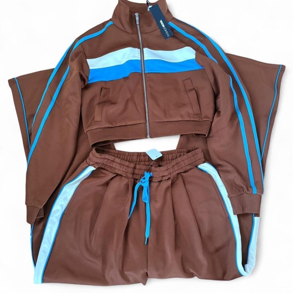 NWT Fashion Nova brown and‎ blue tracksuit set